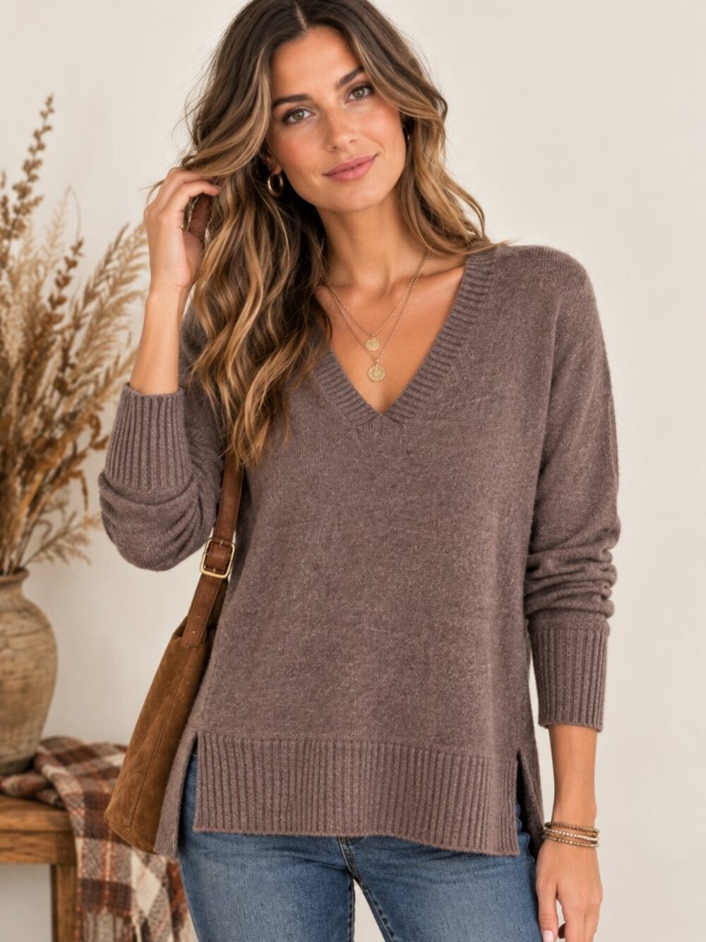 CLAUDIA NICHOLE Women's Brown Merino Wool Cashmere Sweater Boho Rustic Tunic XS